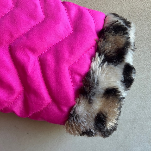Pistachio Pink Faux Fur Animal Print Trimmed Puffer Jacket Size 6 - Picture 2 of 4